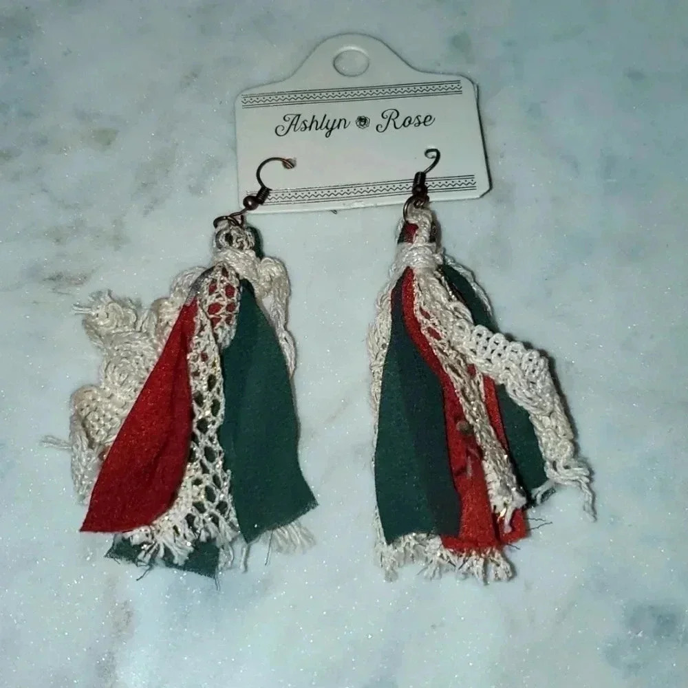 Ashlyn Rose Rust and Green Fabric Tassel Earrings NWT